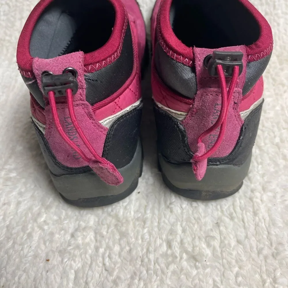 LANDS END Snow Trekker 394044 Pink ,Gray& Black Quilted Ankle Boots SZ8.5B